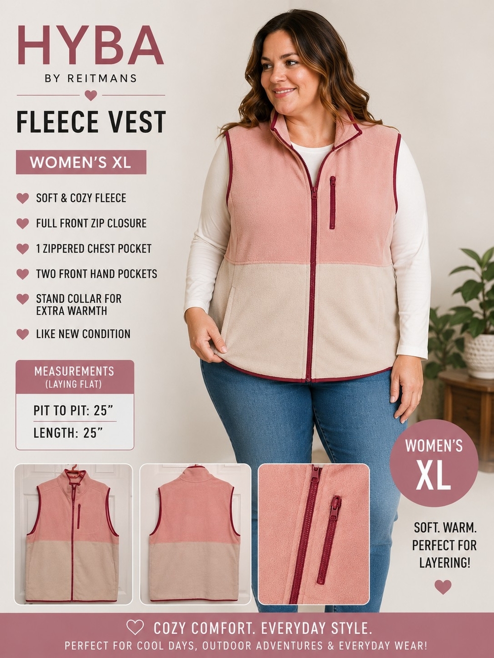 HYBA by Reitmans Two-Tone Fleece Vest in Dusty Rose & Beige